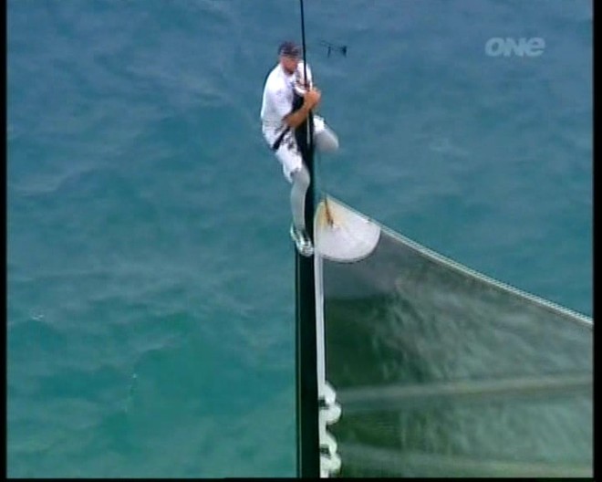16 - Sail is lowered, halyard can be seen attached to patch © Event Media